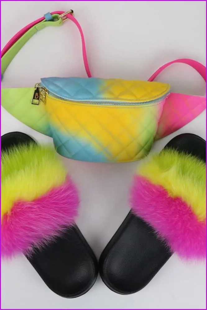 Colorful Fluffy Fur Slides & Waist Bag Set F952