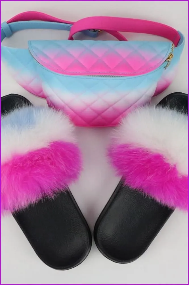 Colorful Fluffy Fur Slides & Waist Bag Set F952