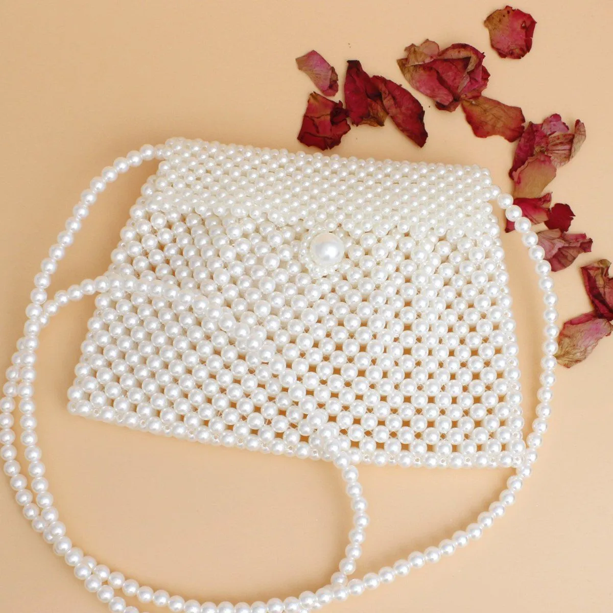 Cream Pearl Handmade Woven Evening Clutch