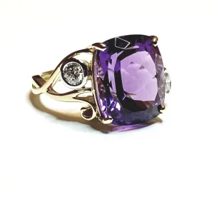 Cushion Amethyst and Diamond Weave Ring in 14k Yellow Gold (13x11)