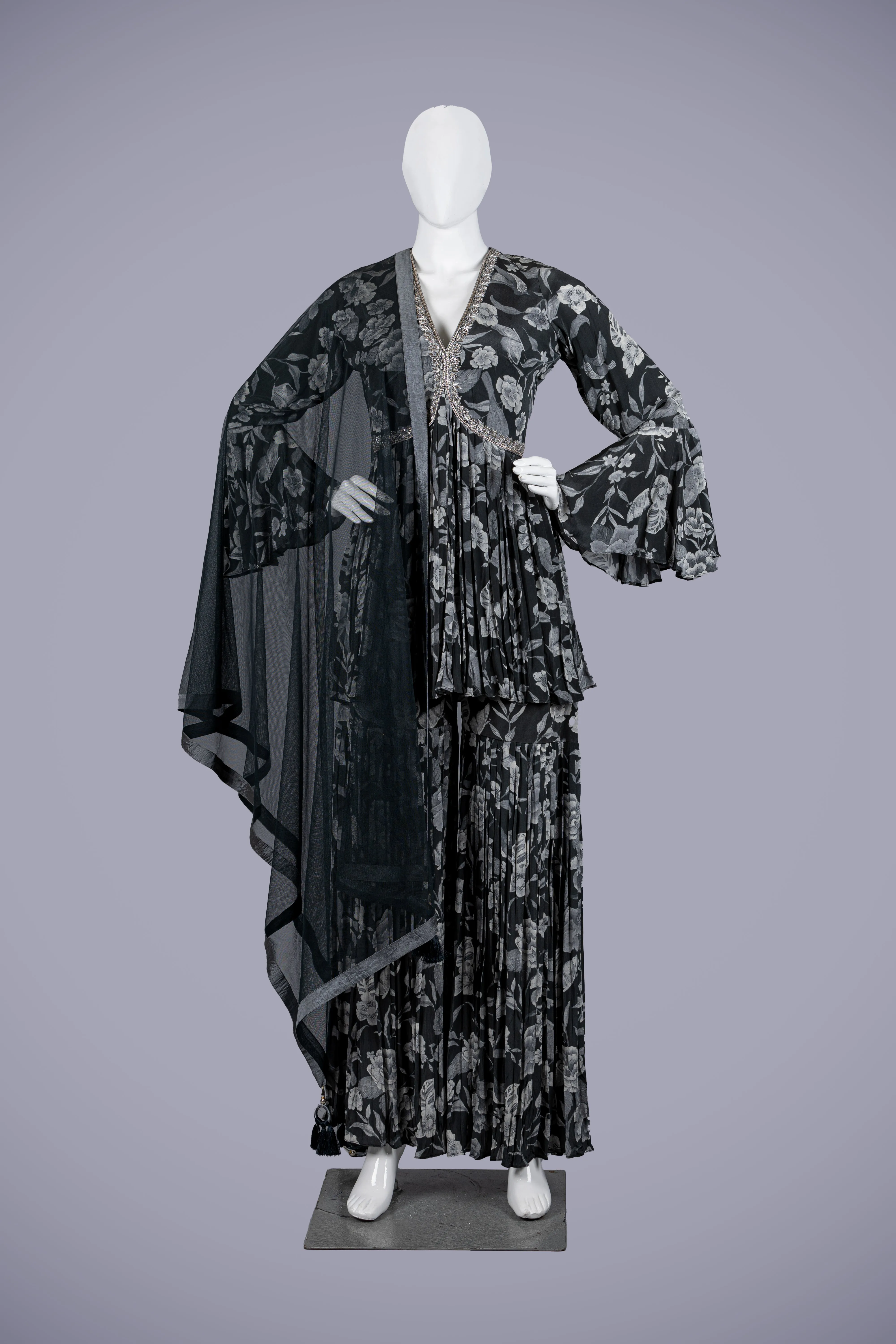 Dark Gray Silk Palazzo Set with Jardoshi Touches