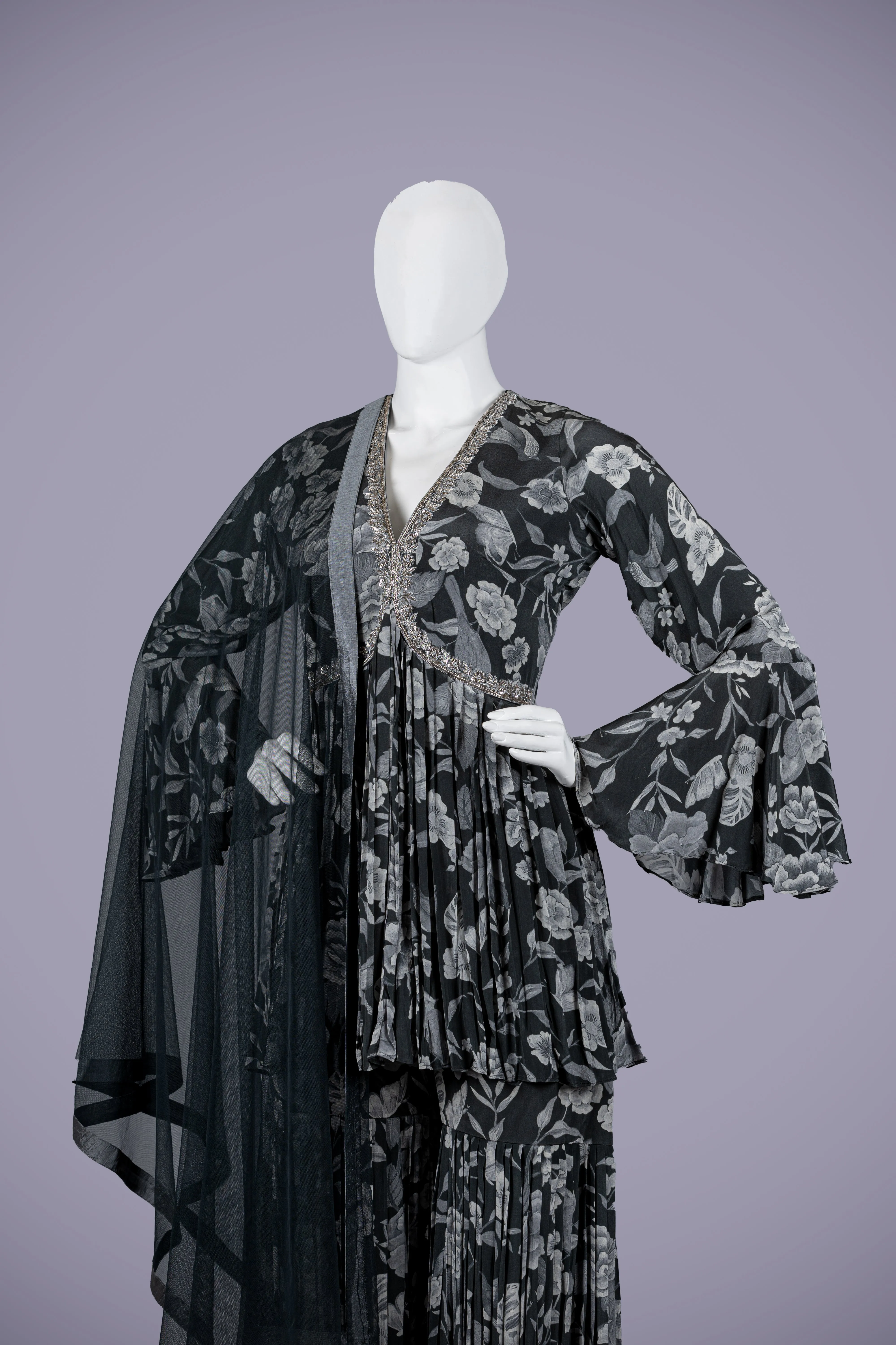 Dark Gray Silk Palazzo Set with Jardoshi Touches