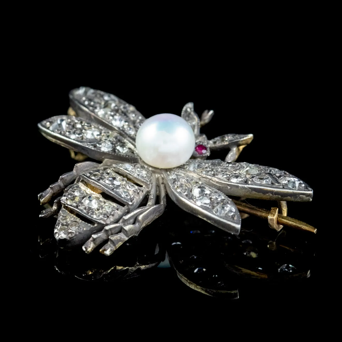 Diamond Pearl Ruby Bee Brooch Silver 18Ct Gold 1Ct Diamonds