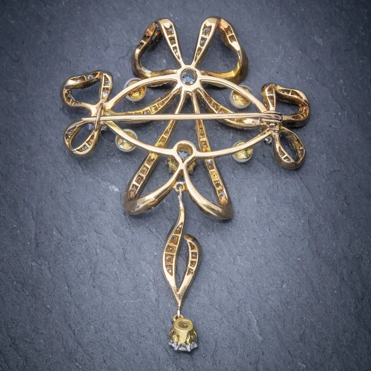 Edwardian Style Garland 3Ct Diamond Pearl Brooch 18Ct Gold