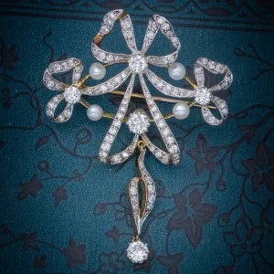 Edwardian Style Garland 3Ct Diamond Pearl Brooch 18Ct Gold