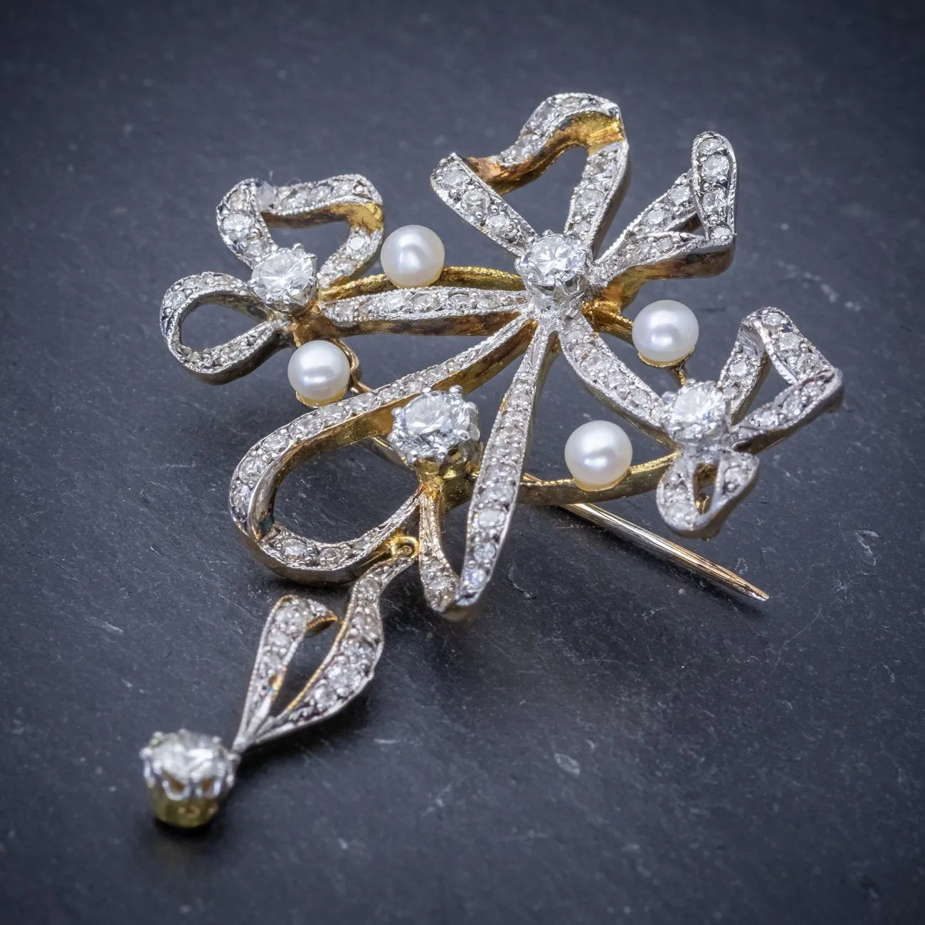 Edwardian Style Garland 3Ct Diamond Pearl Brooch 18Ct Gold