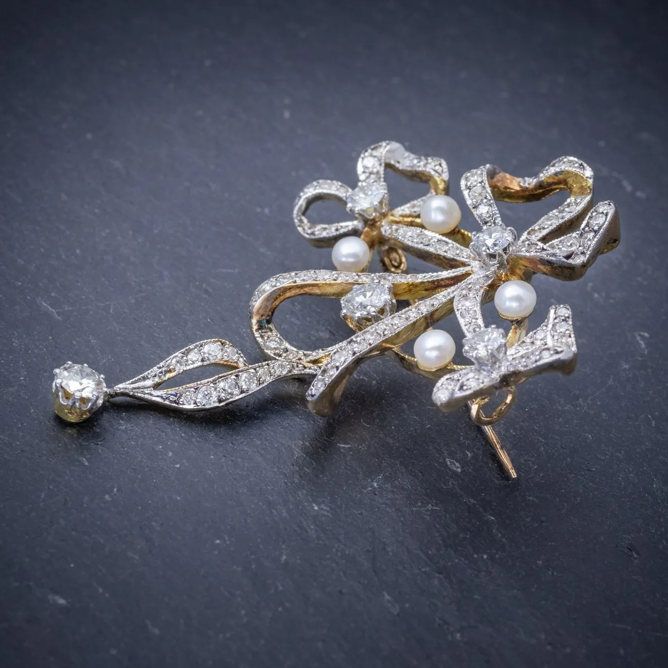 Edwardian Style Garland 3Ct Diamond Pearl Brooch 18Ct Gold