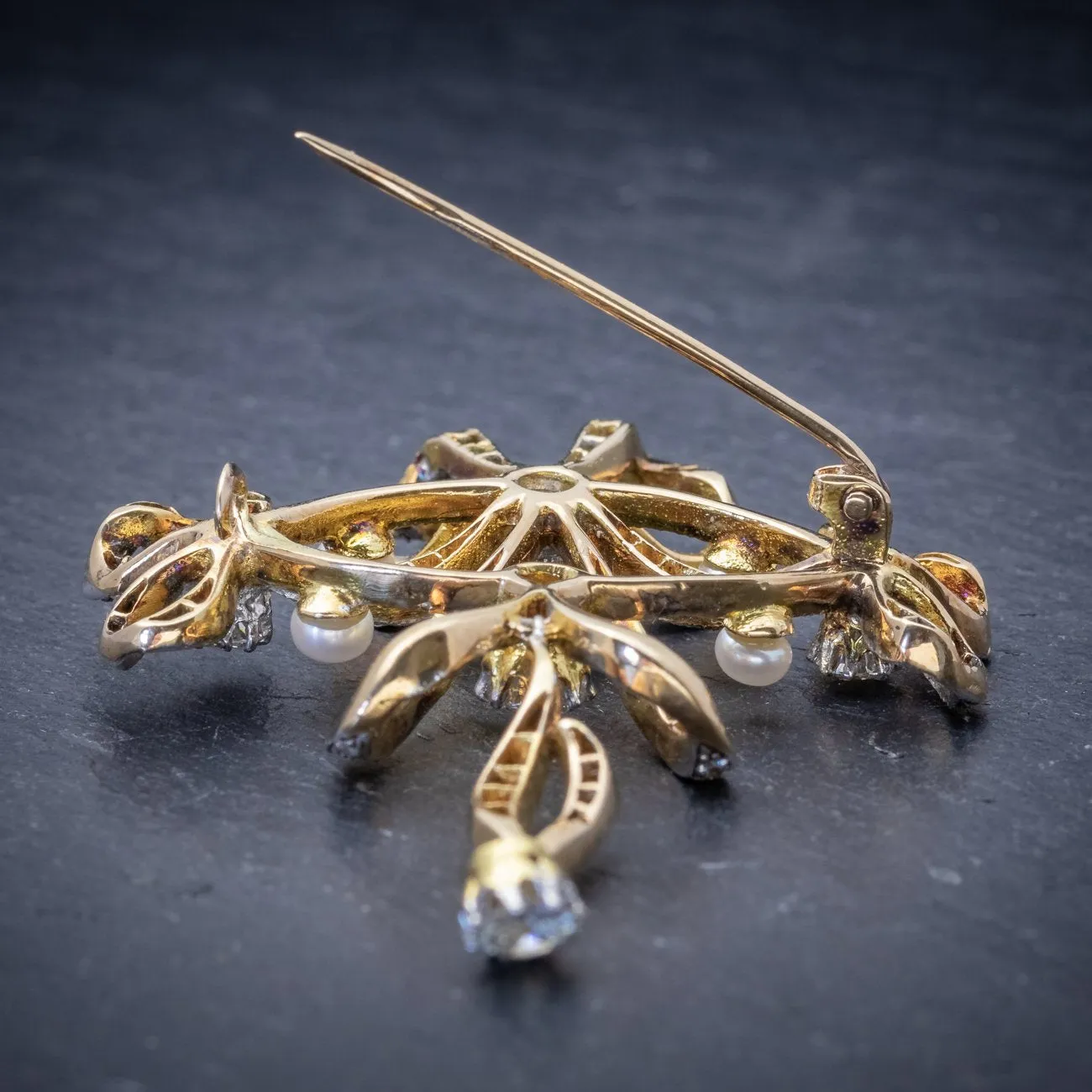 Edwardian Style Garland 3Ct Diamond Pearl Brooch 18Ct Gold
