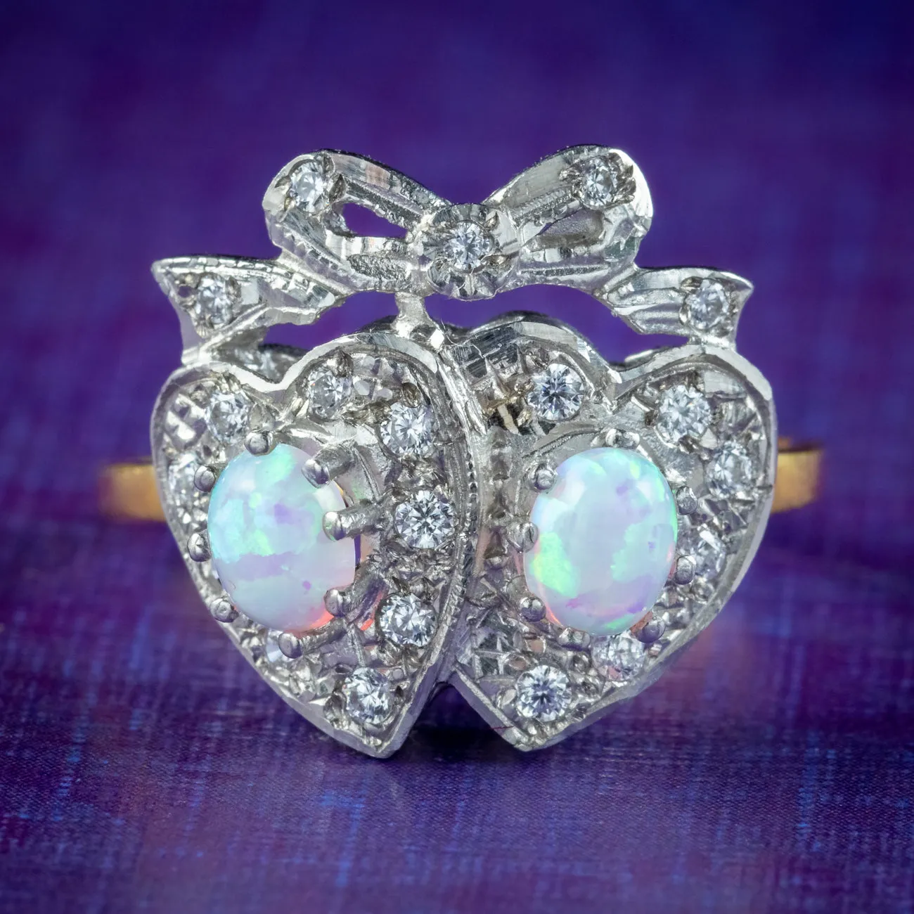 Edwardian Style Opal Cz Double Heart Ring