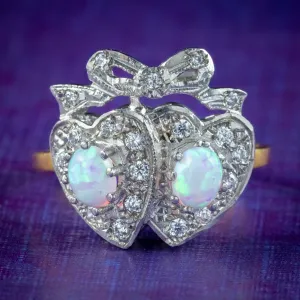 Edwardian Style Opal Cz Double Heart Ring