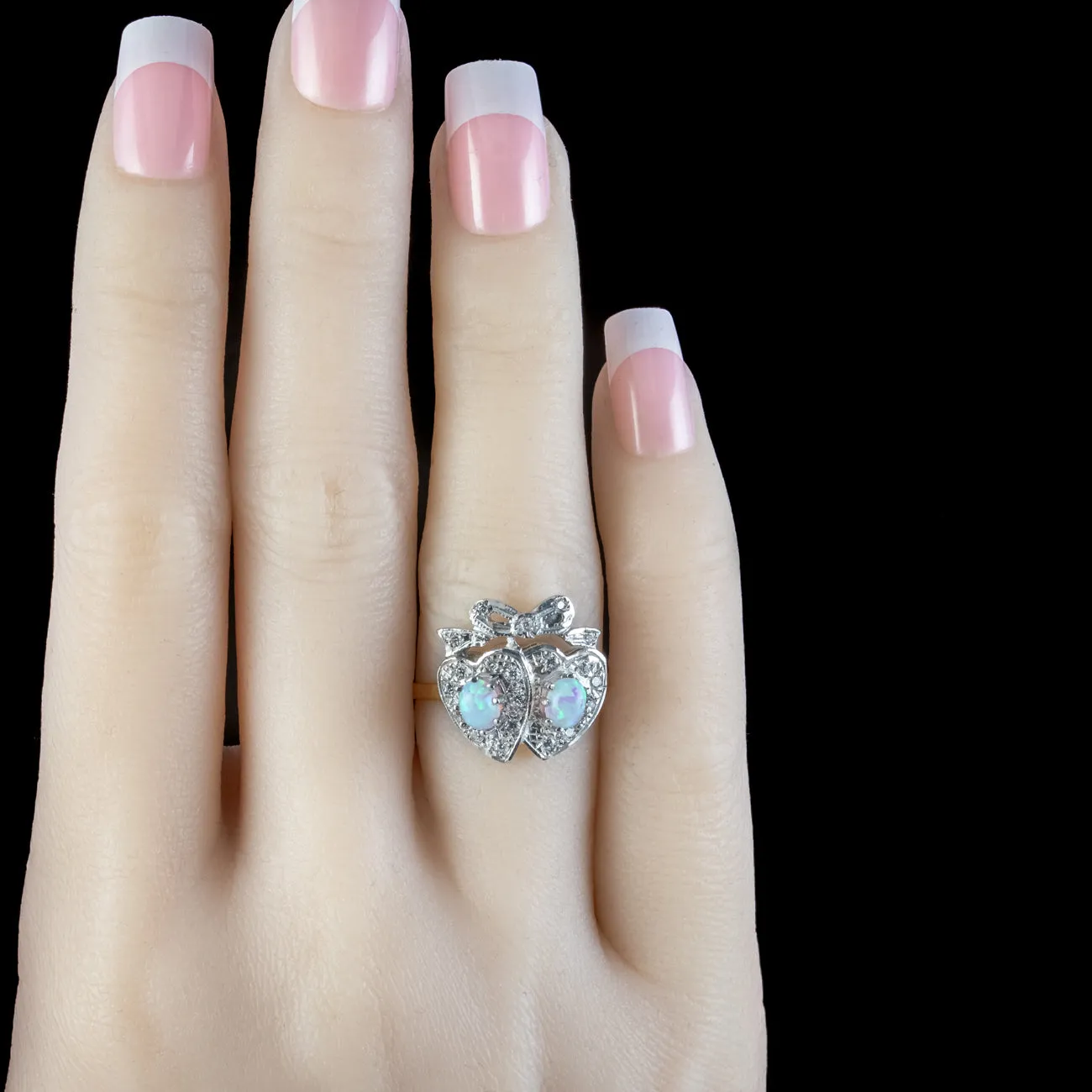 Edwardian Style Opal Cz Double Heart Ring