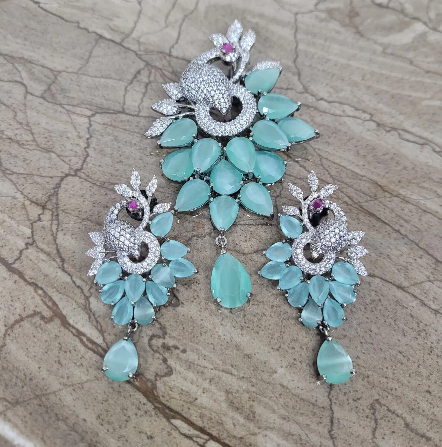 Gemzlane Aqua green peacock Pendant Diamond Necklace Set .
