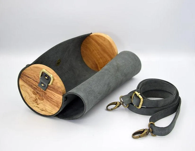 Gray cylinder leather and wood women bag