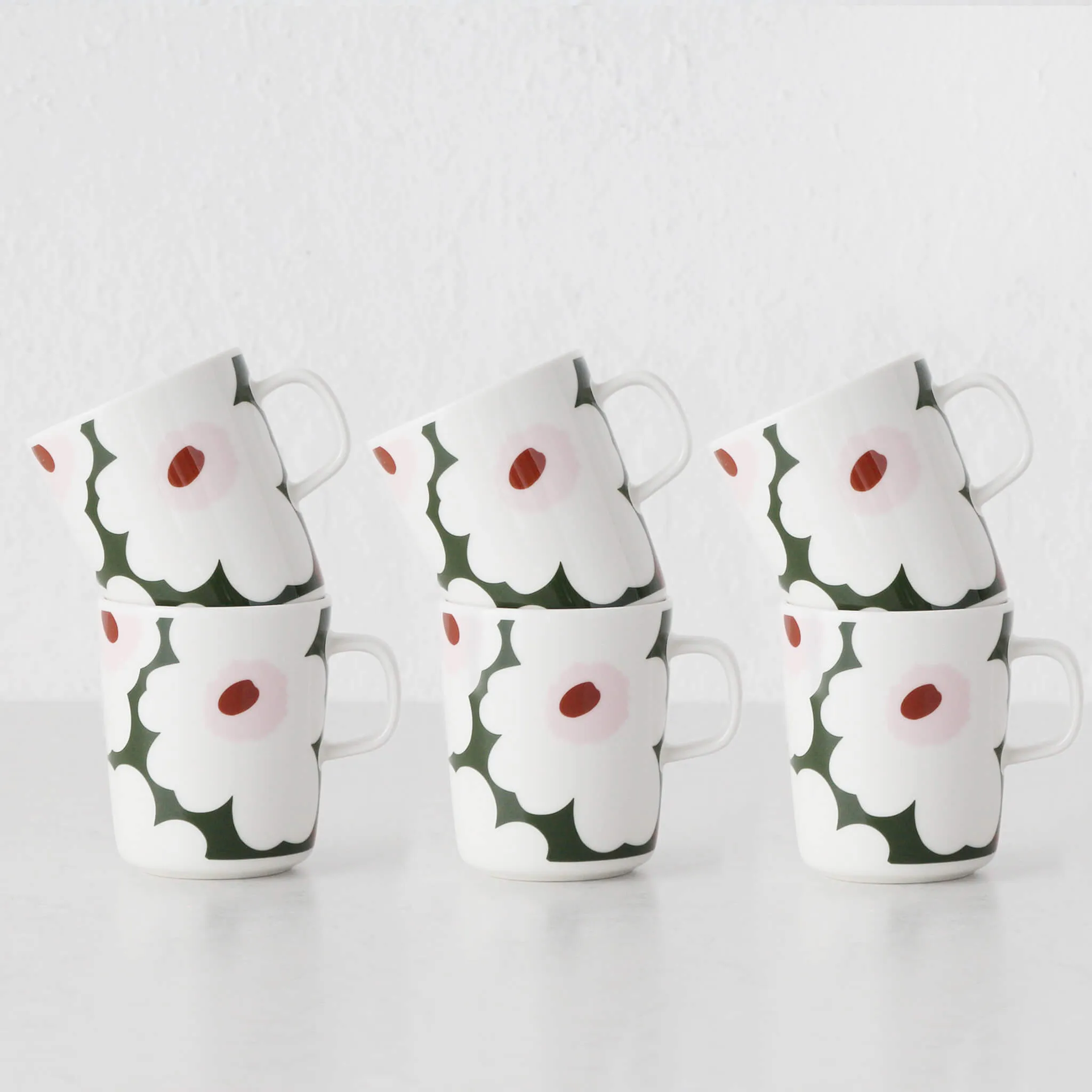 MARIMEKKO  |  UNIKKO COFFEE MUG 2.5DL  |  DARK GREEN   LIGHT PINK   WHITE  |  BUNDLE X6