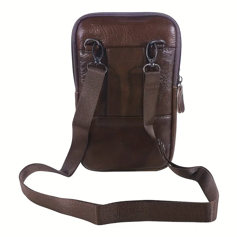 Men's Genuine Leather Crossbody Bag Outdoor Sports Phone Bag, Wearable Belt Waist Bag, Multifunctional Zipper Shoulder Bag