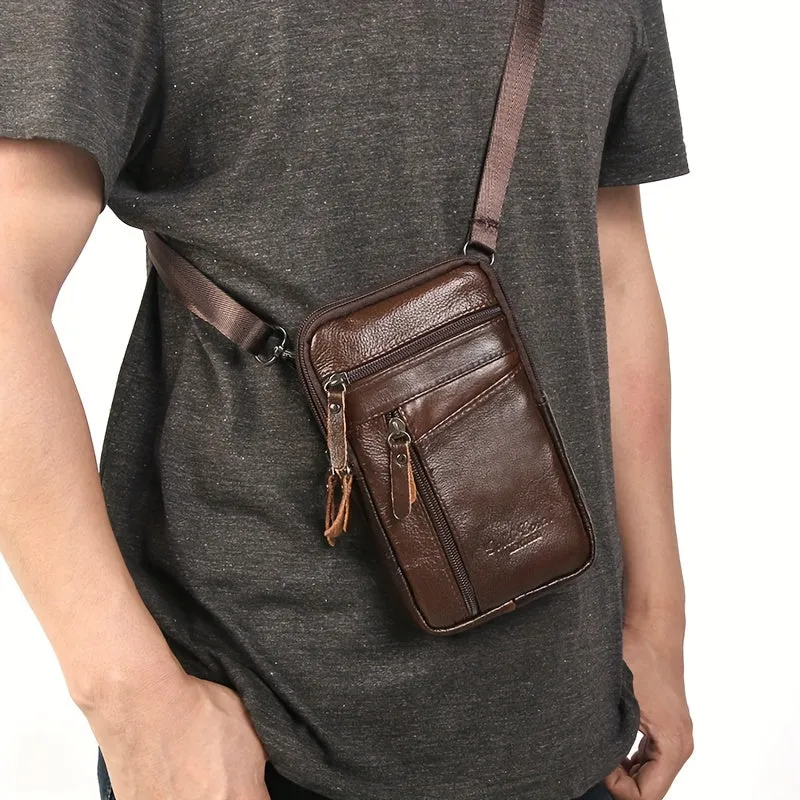 Men's Genuine Leather Crossbody Bag Outdoor Sports Phone Bag, Wearable Belt Waist Bag, Multifunctional Zipper Shoulder Bag