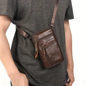 Men's Genuine Leather Crossbody Bag Outdoor Sports Phone Bag, Wearable Belt Waist Bag, Multifunctional Zipper Shoulder Bag