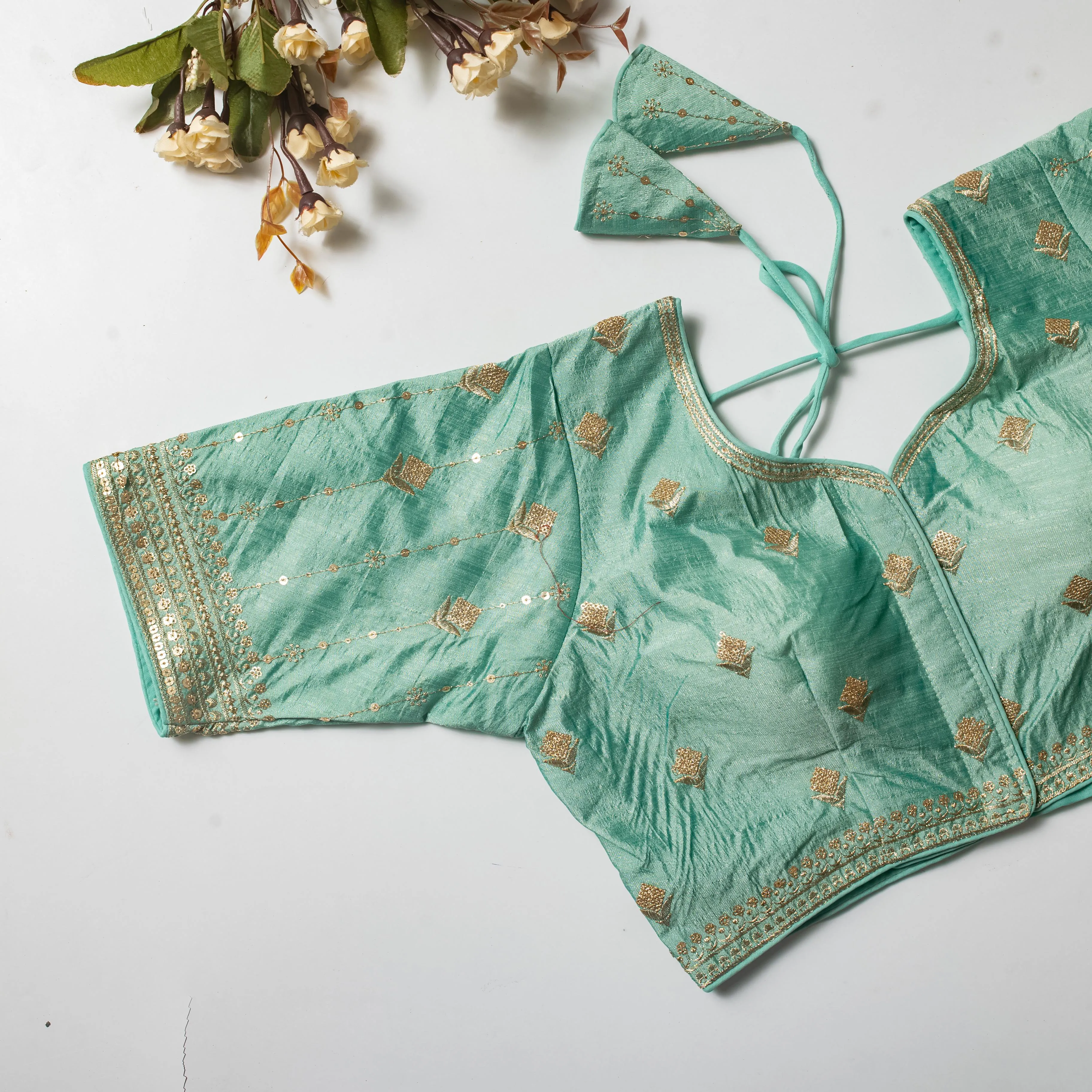 Mint Green Golden Embroidered Vibrant Silk Blouse with Sequins