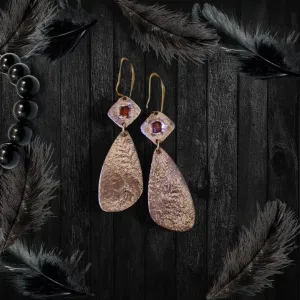 Nature-Inspired Copper Dangle Earrings – Real Leaf Impressions with Bright Orange Stones