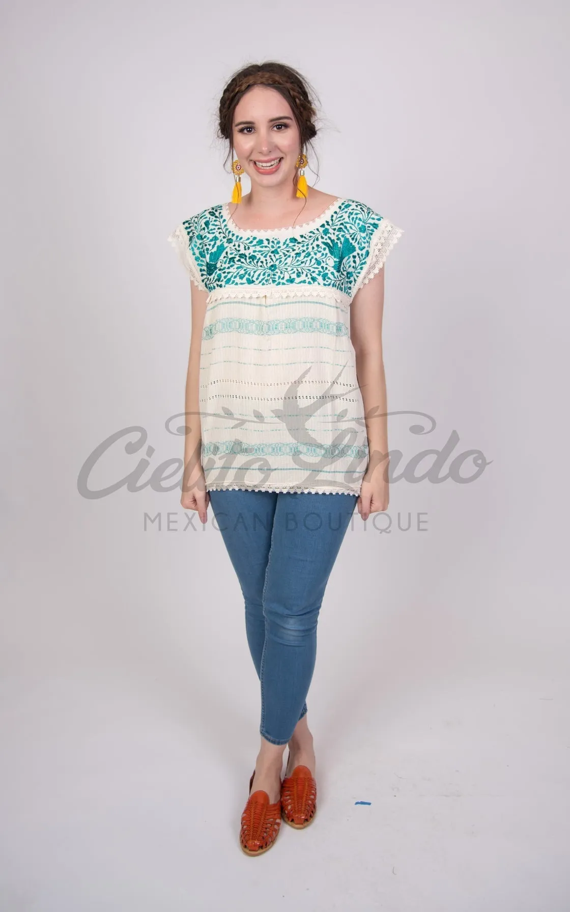 Oaxaca Paloma Blouse Cream and Teal