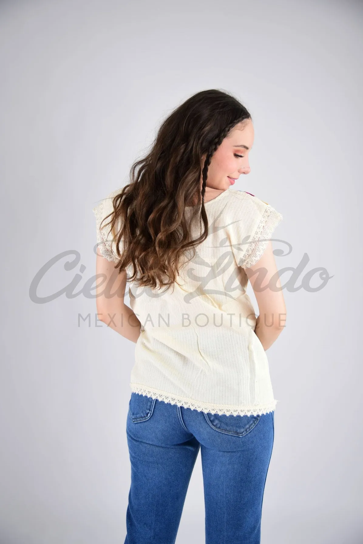 Oaxaca Paloma Blouse Cream and Teal