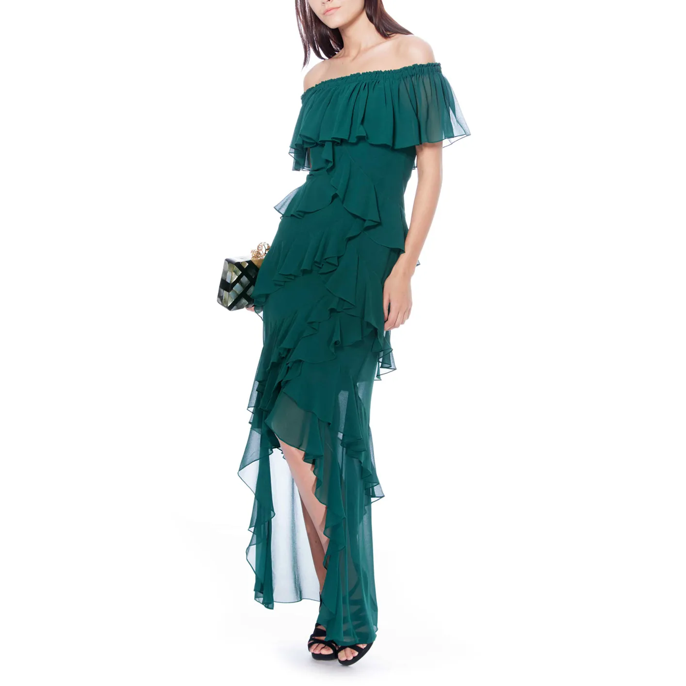 Off-The-Shoulder Ruffled High-Low Gown