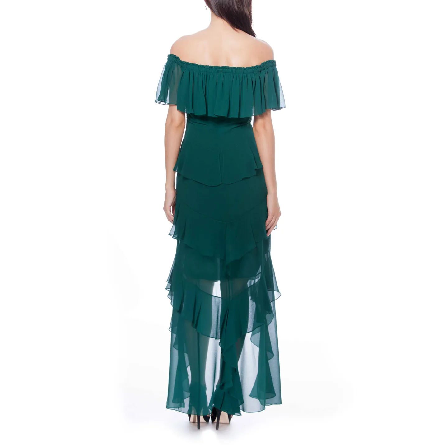 Off-The-Shoulder Ruffled High-Low Gown