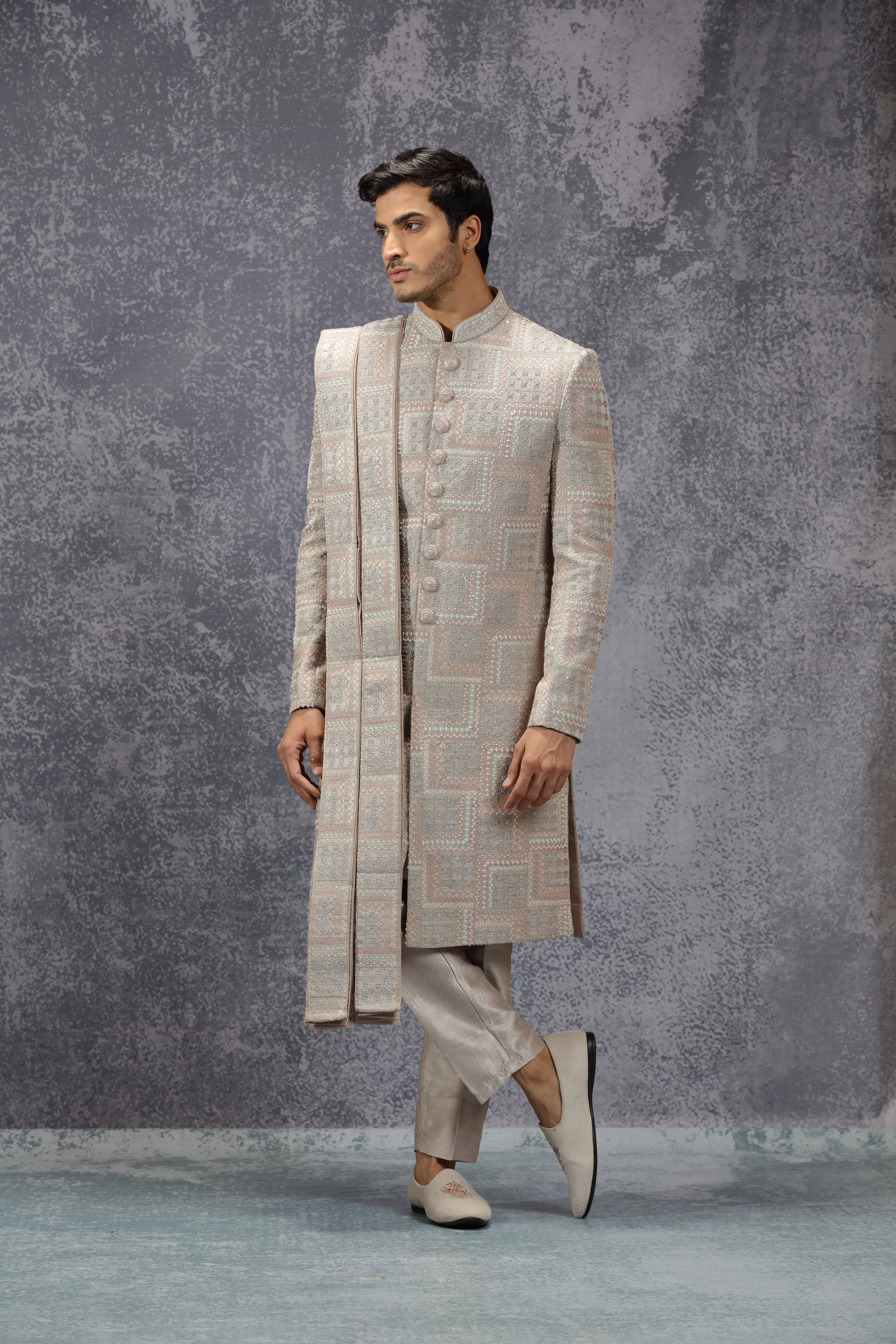 Pastel Peach Silk Sherwani Set With Geometric Motifs