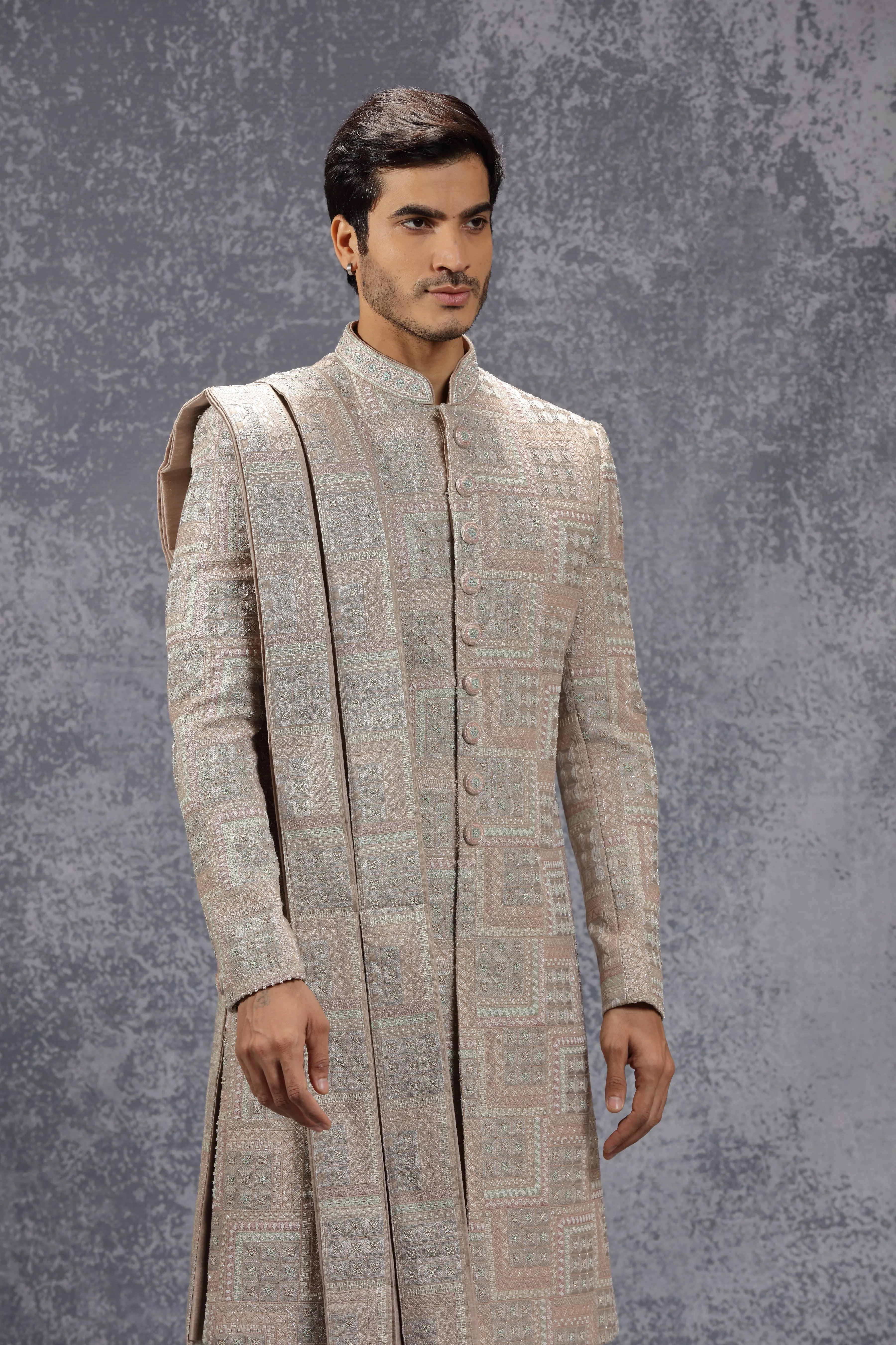 Pastel Peach Silk Sherwani Set With Geometric Motifs