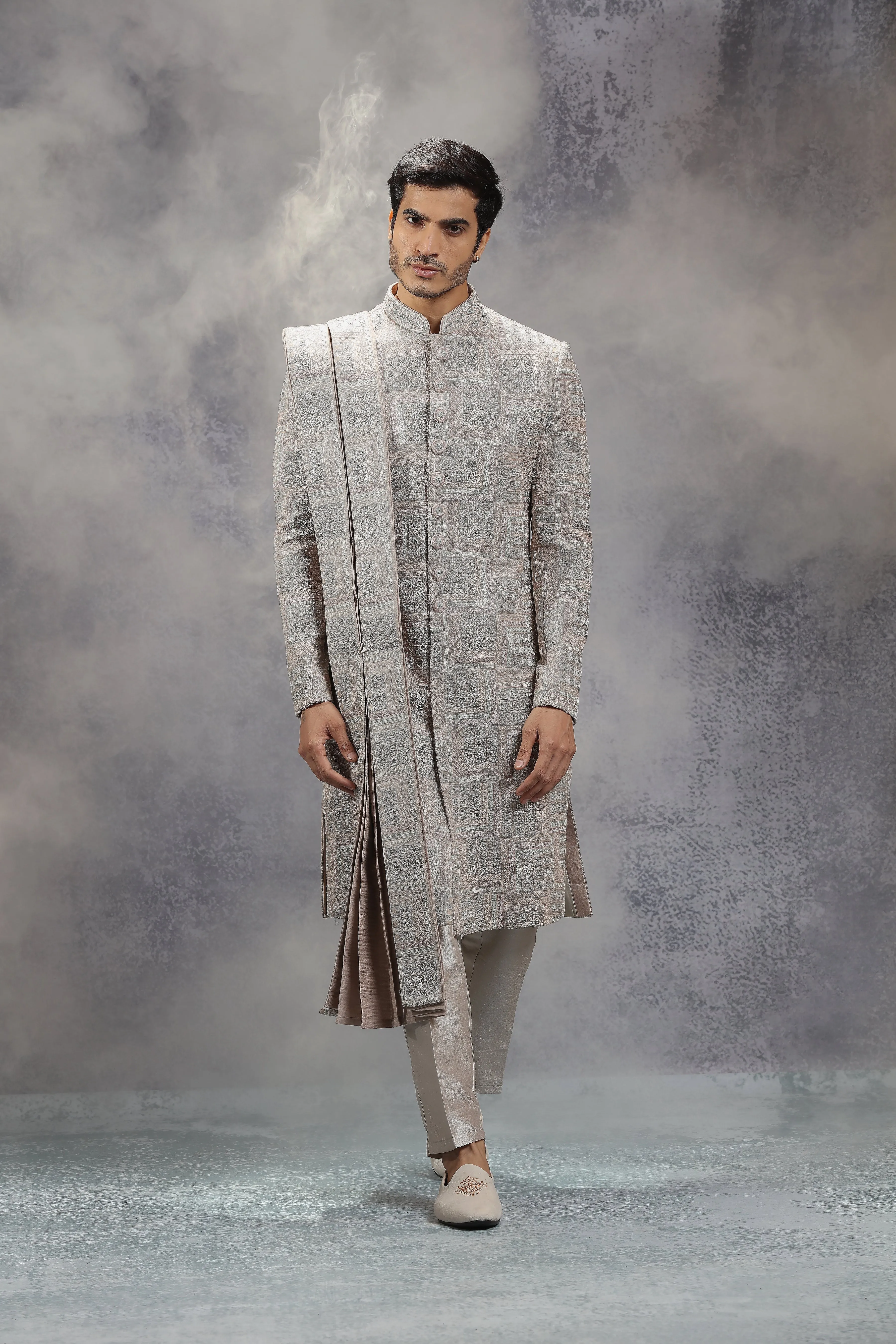 Pastel Peach Silk Sherwani Set With Geometric Motifs