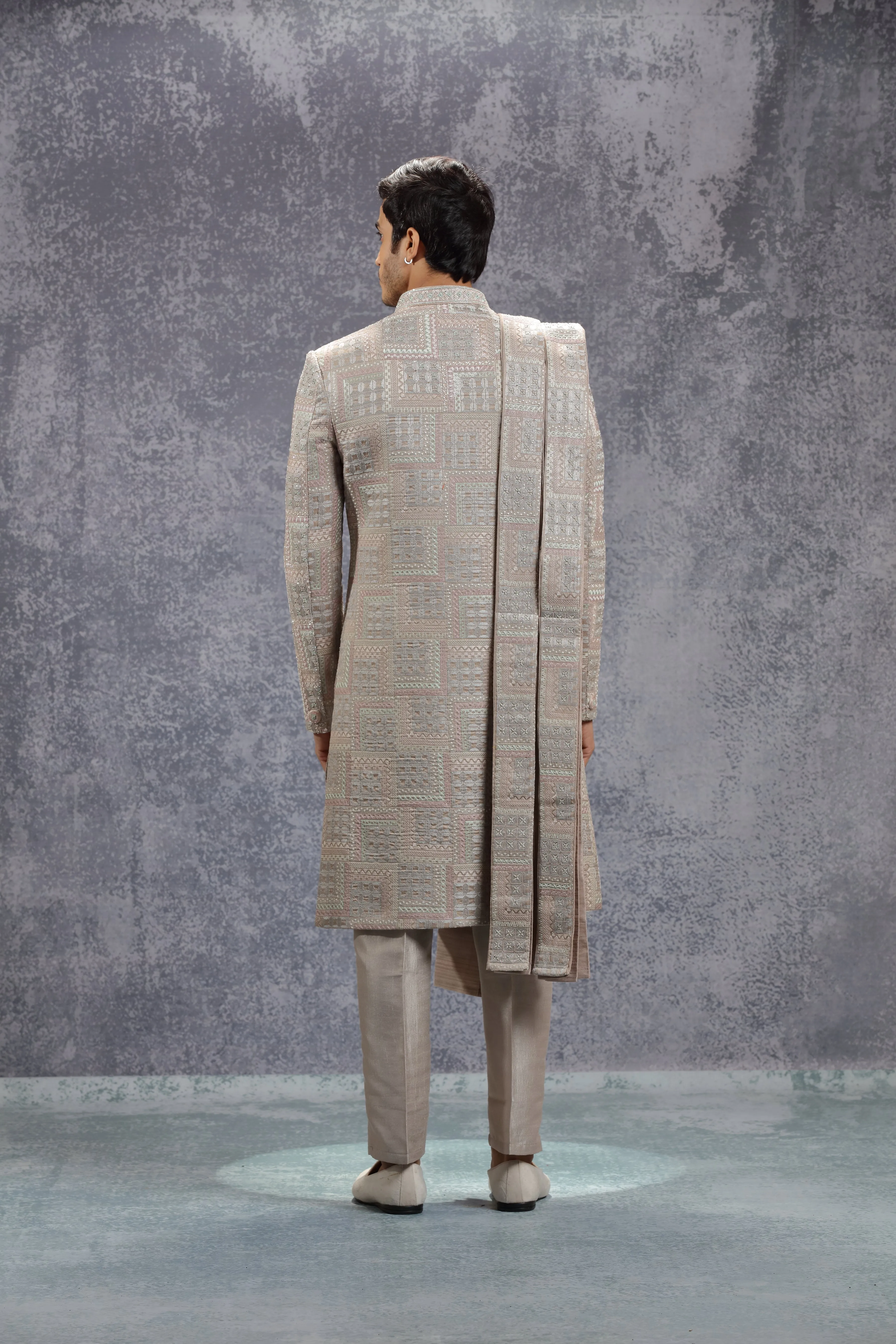 Pastel Peach Silk Sherwani Set With Geometric Motifs