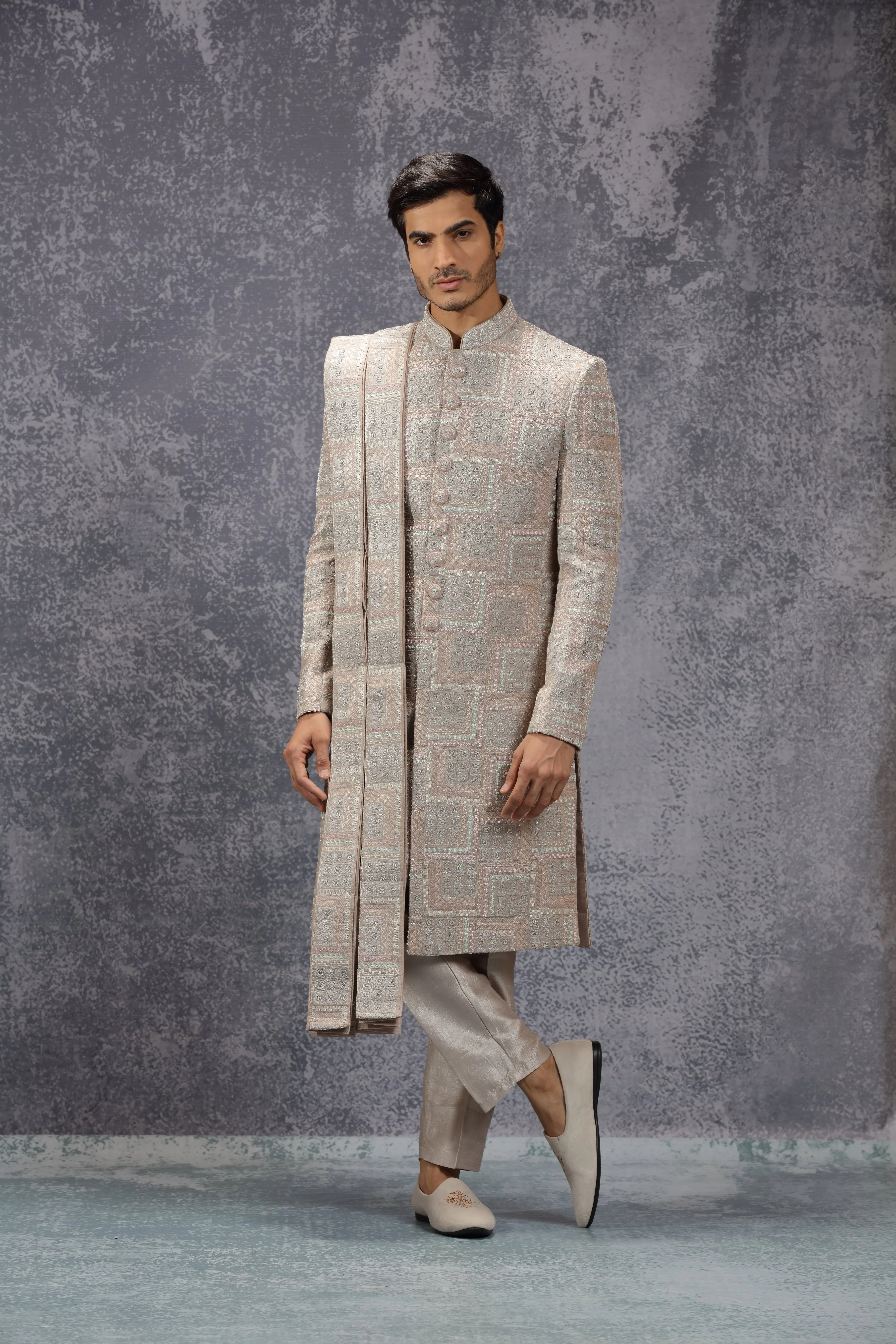 Pastel Peach Silk Sherwani Set With Geometric Motifs