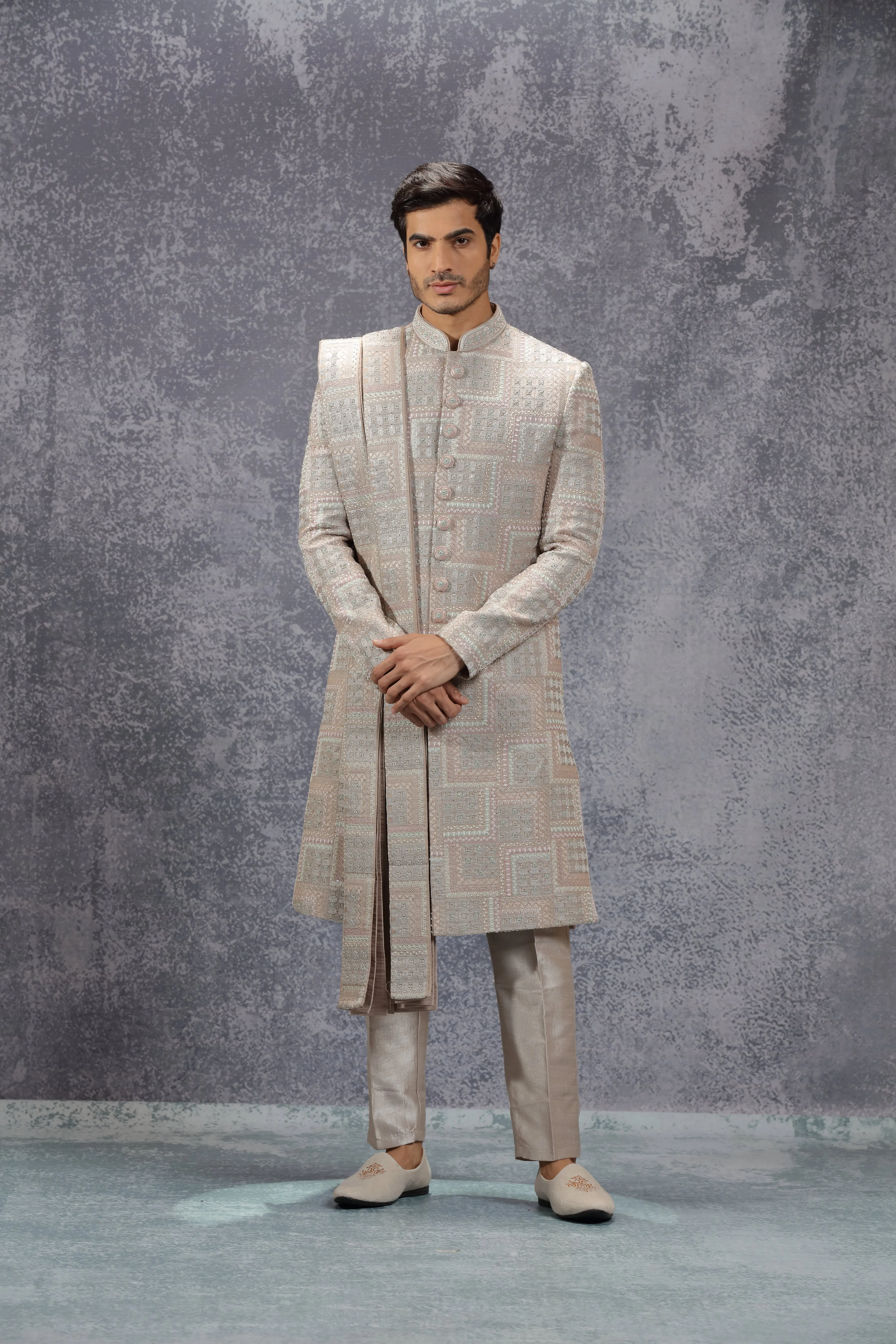 Pastel Peach Silk Sherwani Set With Geometric Motifs