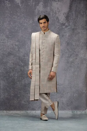 Pastel Peach Silk Sherwani Set With Geometric Motifs