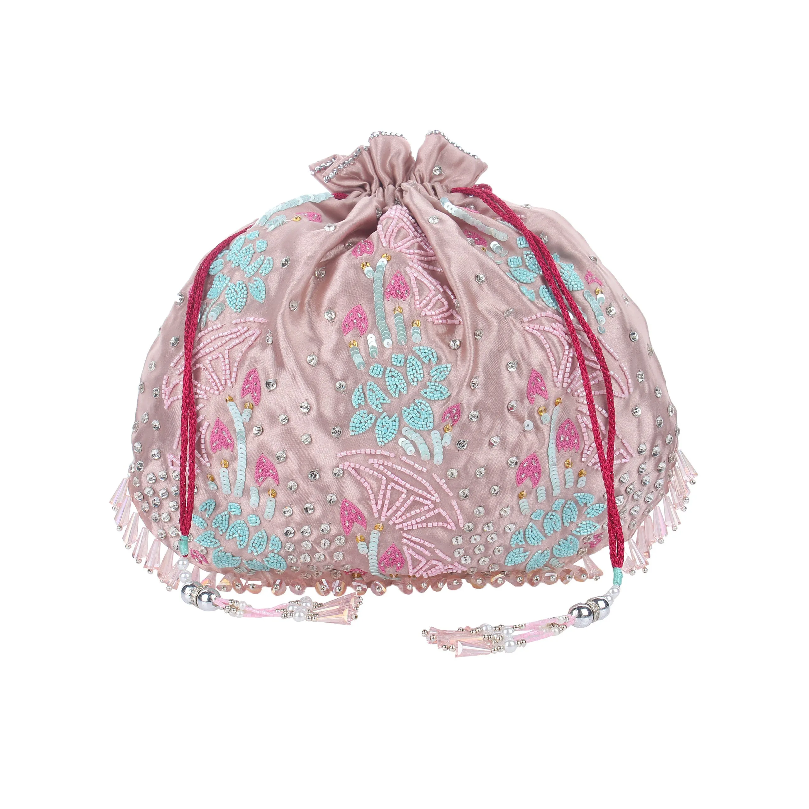 Pearl & Champaign Pink Potli Bag,  Floral hand embroidery