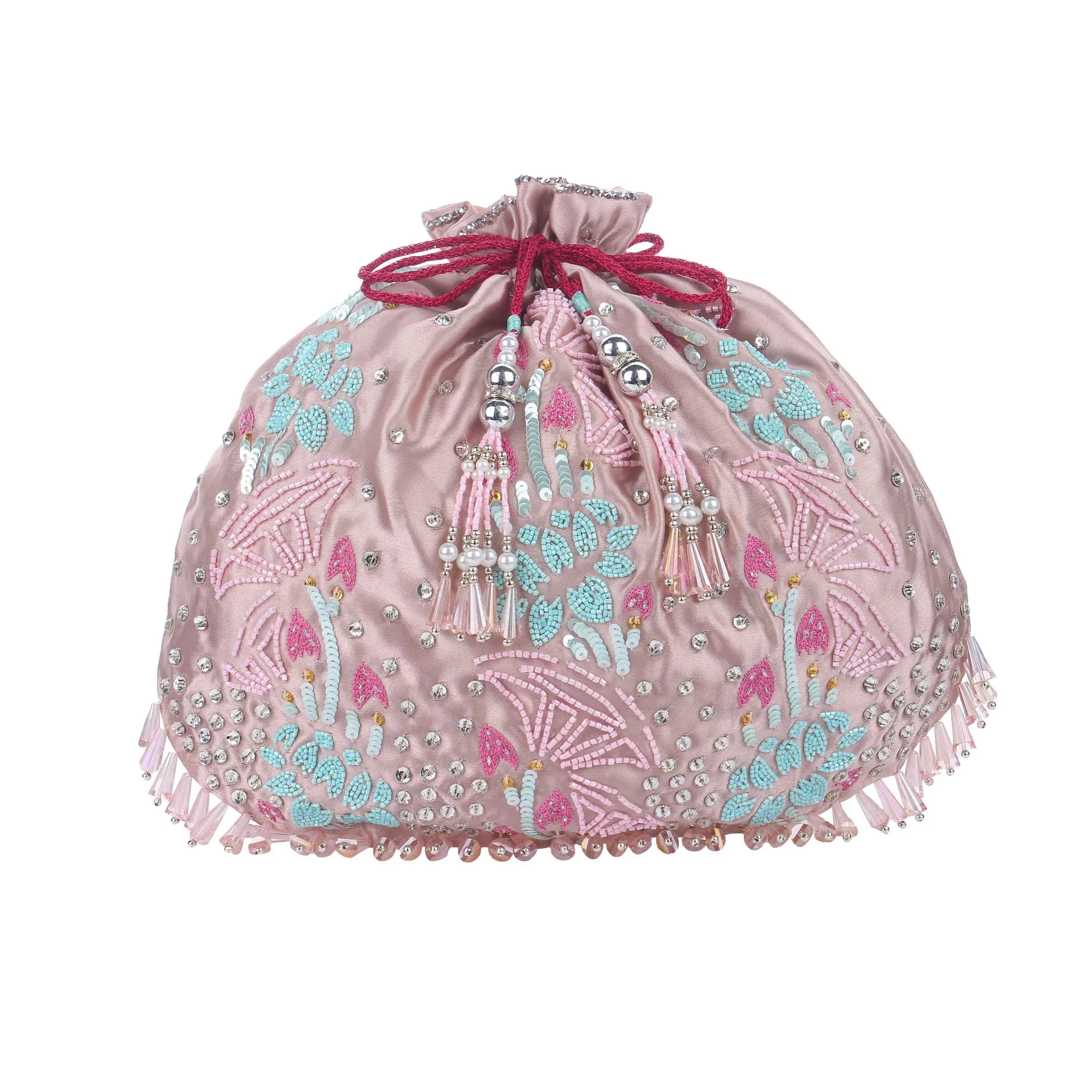 Pearl & Champaign Pink Potli Bag,  Floral hand embroidery