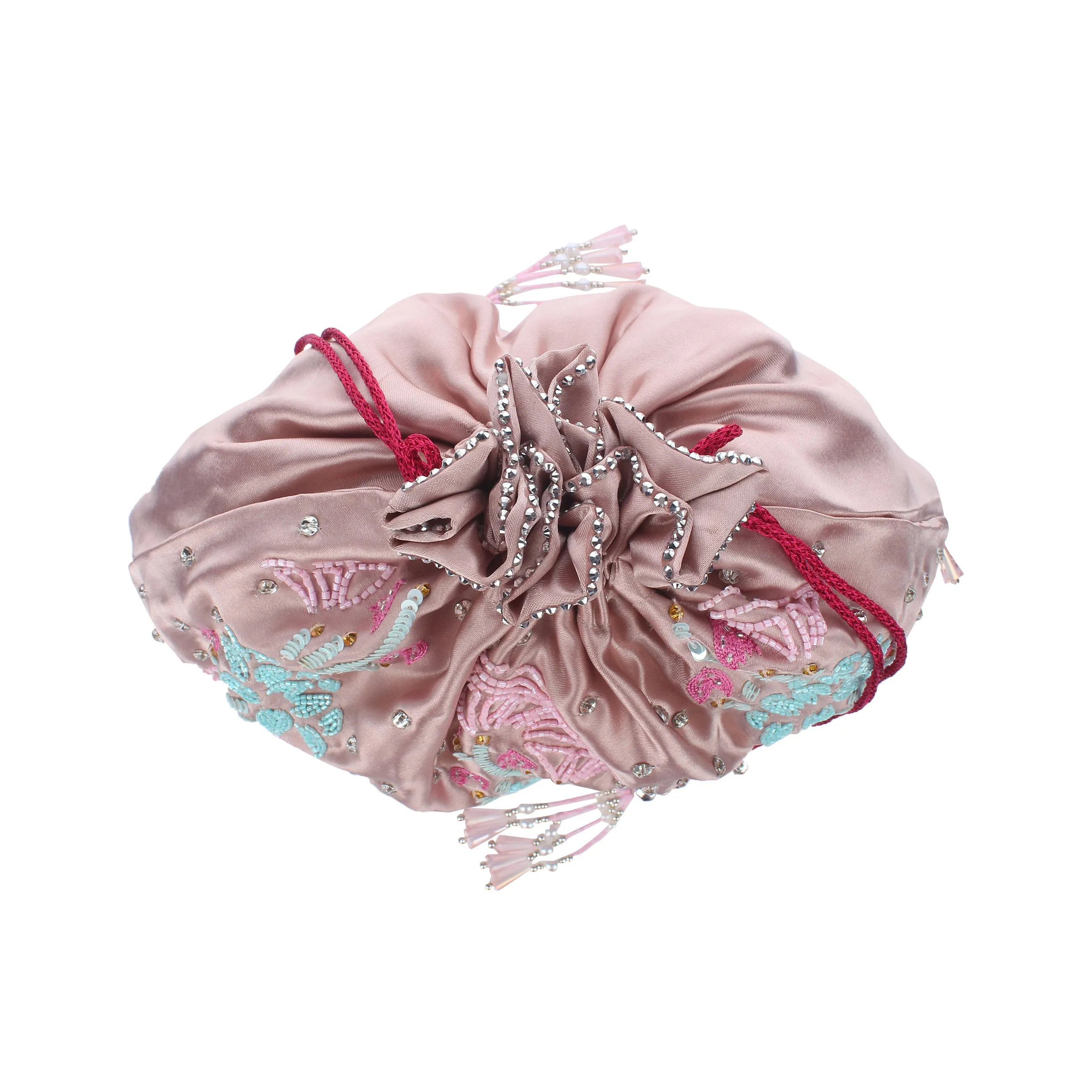 Pearl & Champaign Pink Potli Bag,  Floral hand embroidery
