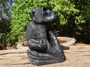Polished Groovy Black Soapstone Baboon Carving  x 1 From Zimbabwe