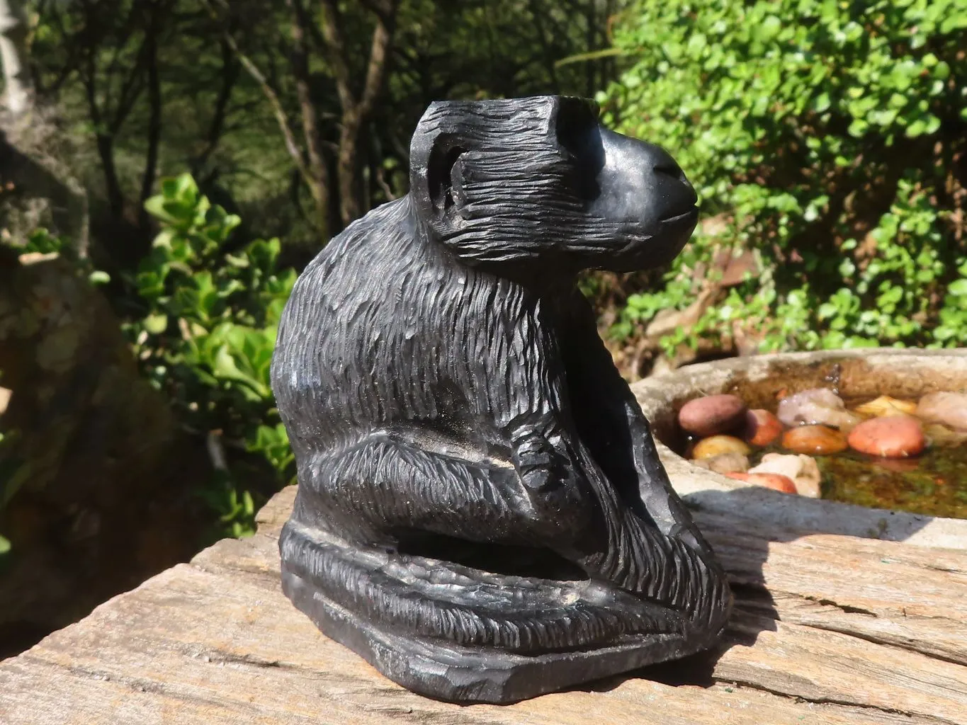 Polished Groovy Black Soapstone Baboon Carving  x 1 From Zimbabwe