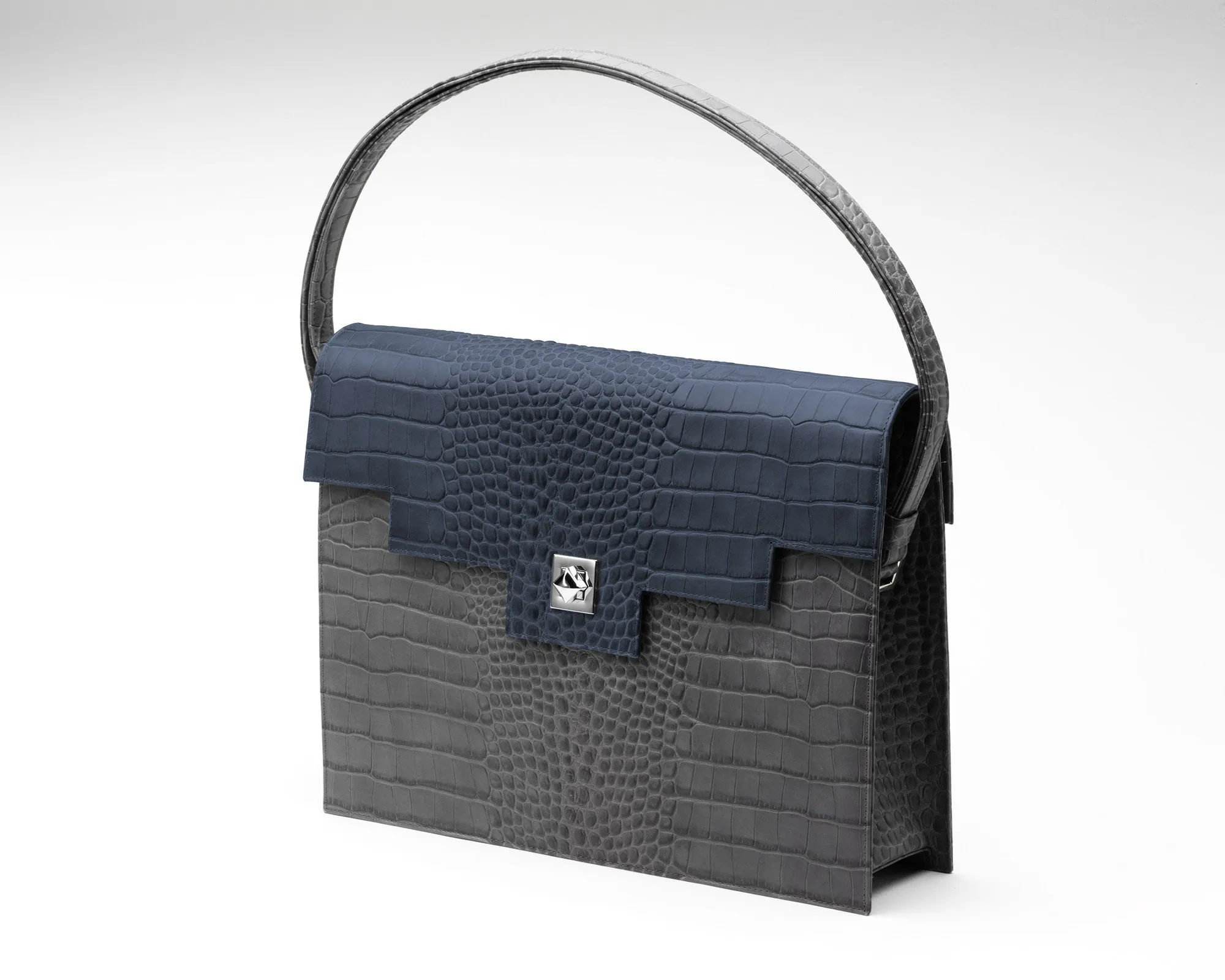 Quoin Briefcase - Grey Croc with additional Flap
