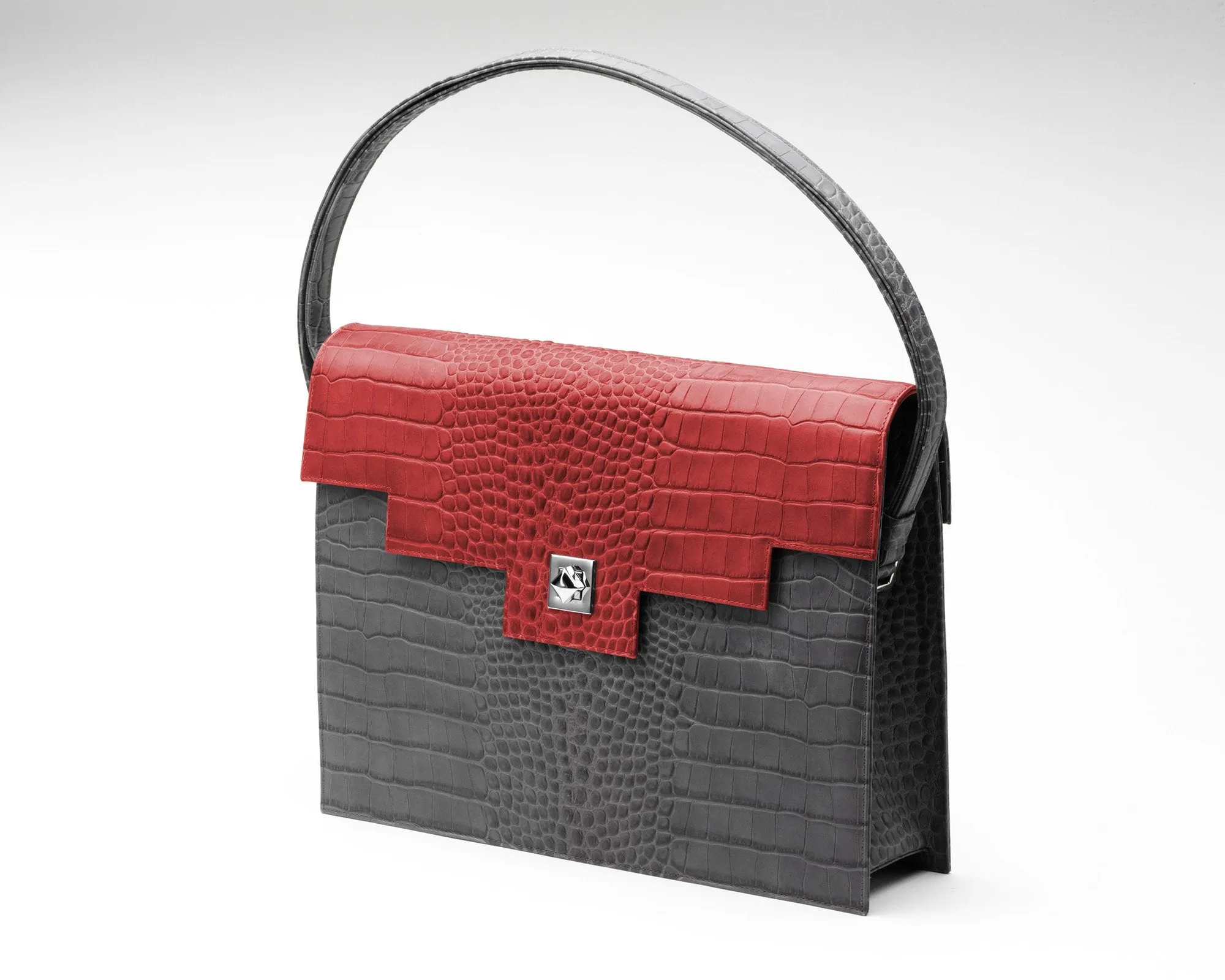 Quoin Briefcase - Grey Croc with additional Flap
