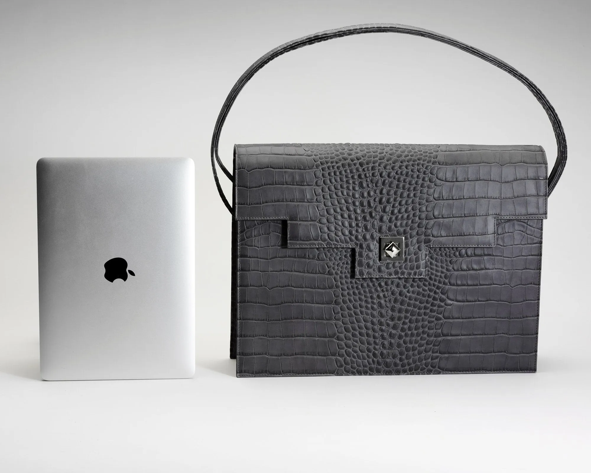 Quoin Briefcase - Grey Croc with additional Flap