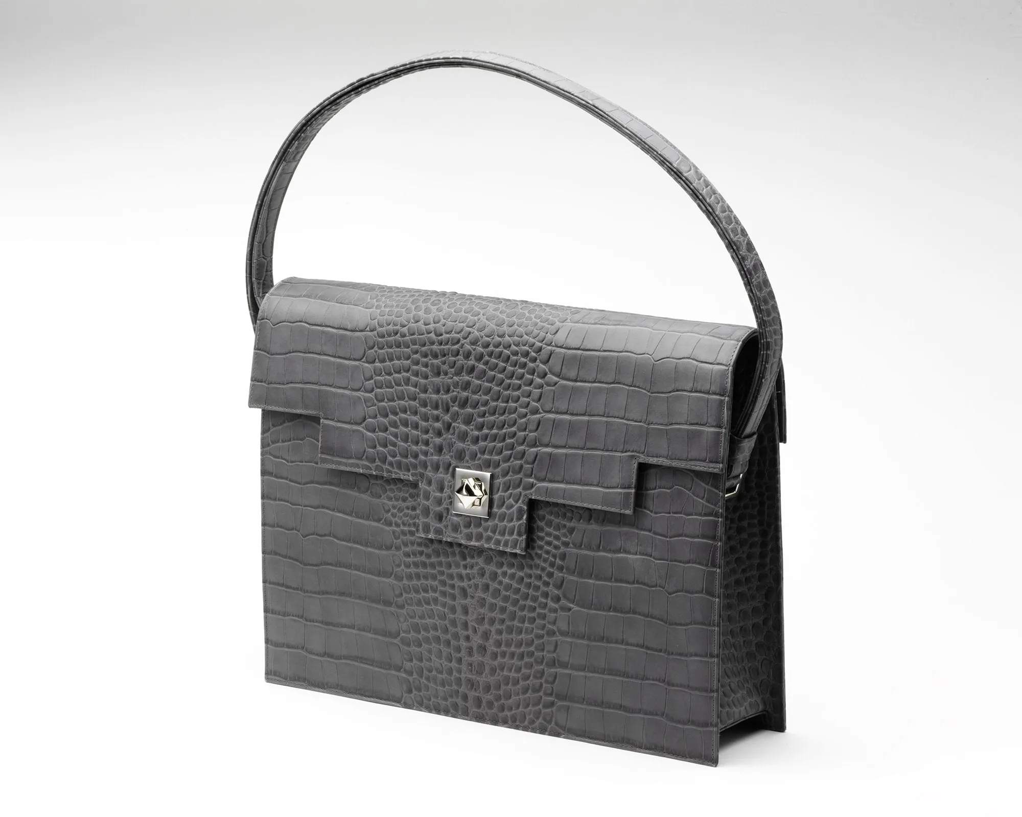 Quoin Briefcase - Grey Croc with additional Flap