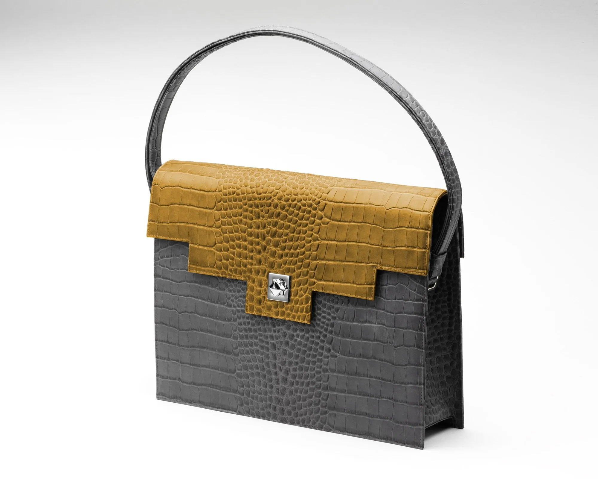 Quoin Briefcase - Grey Croc with additional Flap