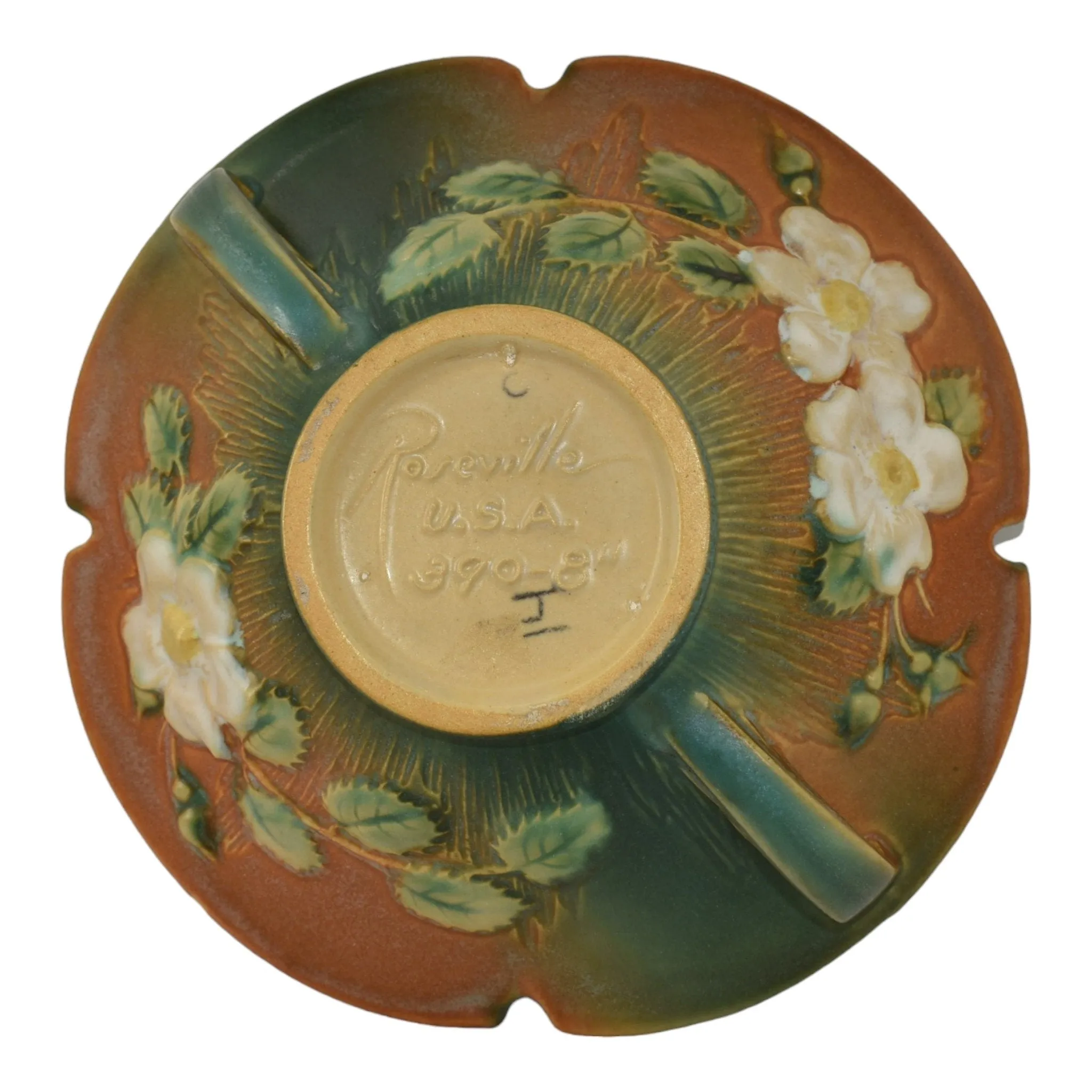 Roseville White Rose Brown Green 1940 Vintage Art Pottery Ceramic Bowl 390-8
