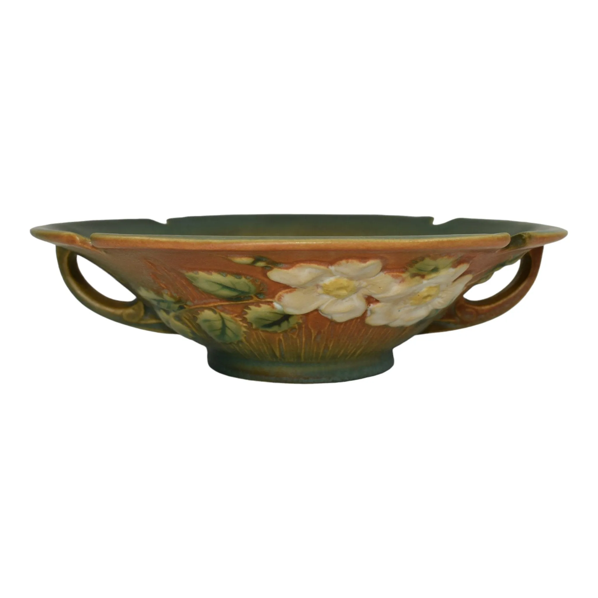 Roseville White Rose Brown Green 1940 Vintage Art Pottery Ceramic Bowl 390-8