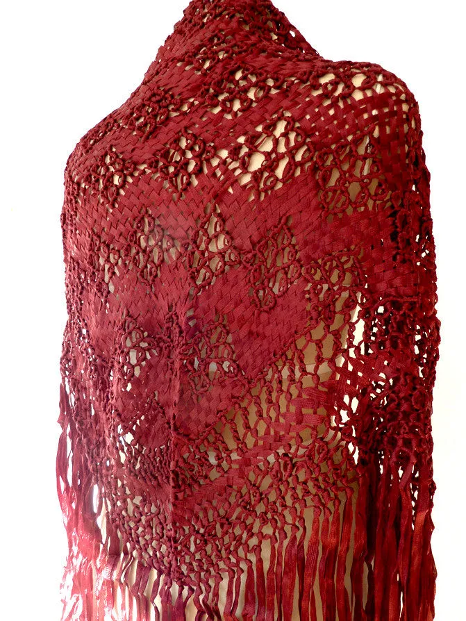Silk Macrame Triangle Shawl Silver Ivory