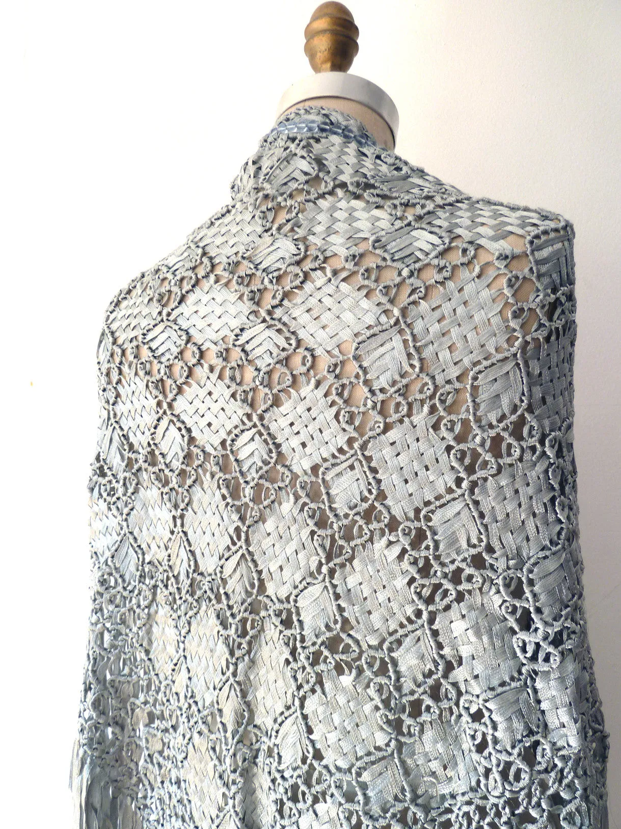 Silk Macrame Triangle Shawl Silver Ivory