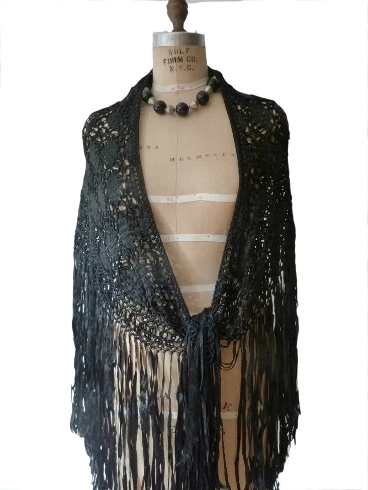 Silk Macrame Triangle Shawl Silver Ivory
