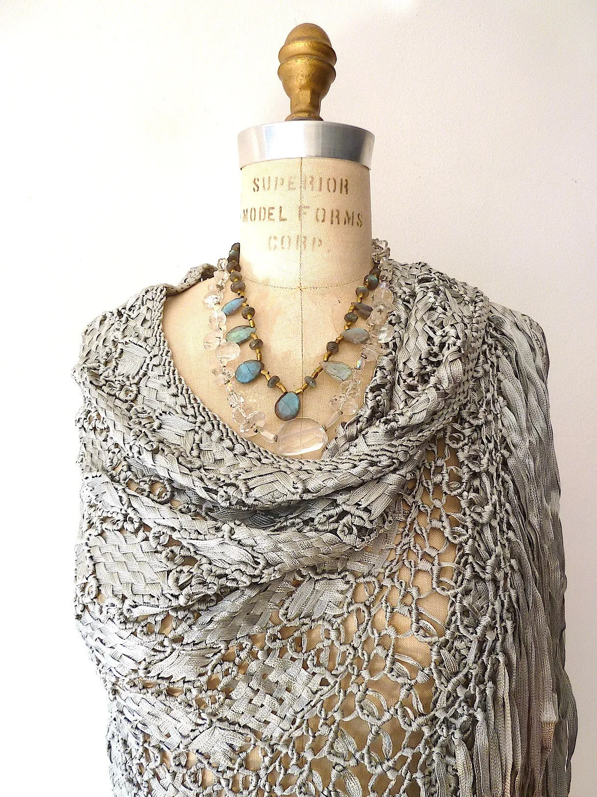 Silk Macrame Triangle Shawl Silver Ivory